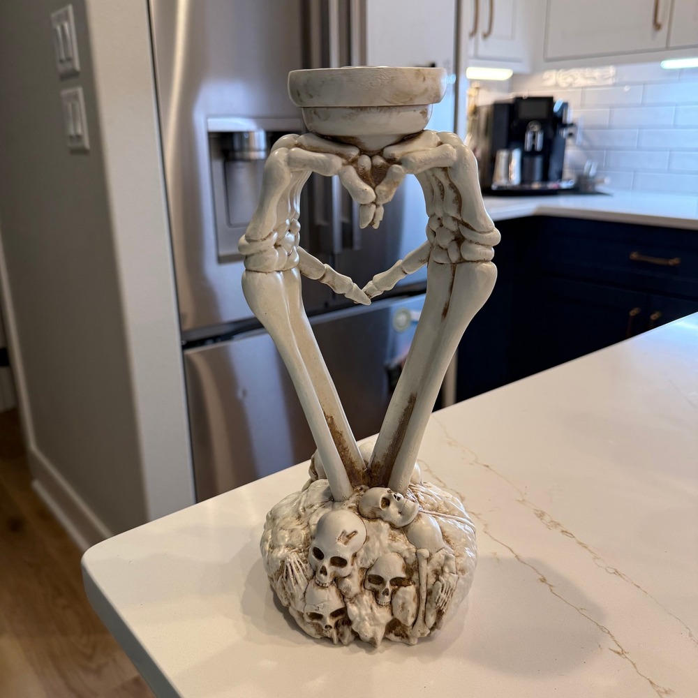 Gothic Halloween Skeleton Heart Hands Skull Taper Candle Holder 11" Spooky